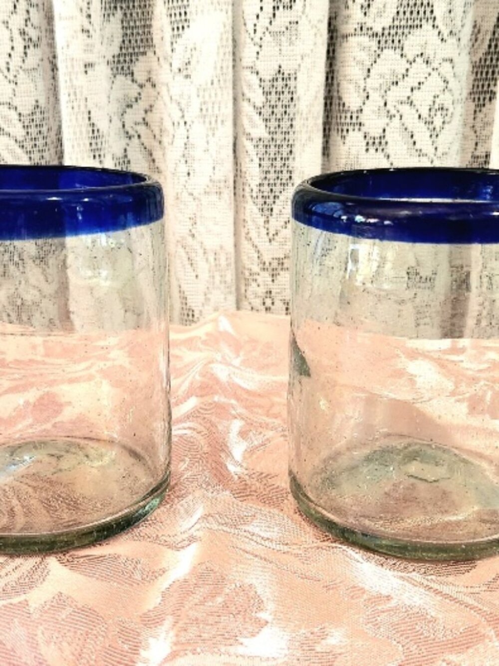 Set of Two Hand Blown Blue Rimmed Rocks Glasses